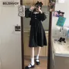 Japoński styl Harajuku Kobiety Vintage Dress Square-Collar Black Gothic Bow Sweet Girls Simple Chic Lolita Robe Femme 210520