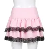 Svart Lace Trim Y2K Harajuku Rosa Pläterad Kjol Kvinnor Preppy Style Kawaii High Waisted Kort Kjolar Dam Double Layer Kläder 210517