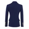 Damskie garnitury Blazers Yushu Fashion Blue Blazer Kurtka z kieszenią podwójnie piersi metalowe przyciski lwów zewnętrznych S-XXXL