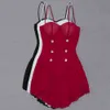 夏の女性ピュアホワイトブラック赤いボタンノースリーブスリングレースファッション服のスキニーミニセクシーパーティードレス210525