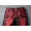 Новая мода мужские джинсы вино красные сплайсированные стройные дыры рваные джинсы для мужчин большие карманные грузовые брюки High Street Biker