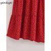 夏の女性の花柄プリント赤いドレス女性半袖Oネックローブスリムカジュアルロング210430