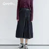 Qooth Autum Winter High Waist Denim Patchwork Skirts Women A Line Midi Calf Irregular Design Long Skirts Female Dark Blue QT225 210518