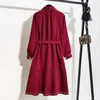 PERHAPS U Korean Red Solid Turn Chiffon Ruched Long Sleeve Knee Dress Spring Summer Beach Pocket Sash Button Shirt Dress D1916 210529