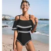 Seksowny strój kąpielowy Klasyczny Off Ramię Kobiety Swimwear Wzburzyć Monokini Retro Czarny Body Body Vintage Kostium Kąpielowy Dziewczyny 210712