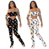 Butterflies Print Strapless Stacked Leggings Summer Women Suit European and American Hot Style Model Two Piece Set Y0702
