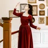 Red Wine Fit and Flare Female Vestidos Vintage Mid-calf Full Seeve Velvet Women Dress Elegant A-line Spring 210603