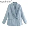 Europejski styl amerykański prosty jednolity kolor dwurzędowy garnitur mody kurtka damska odzież miejska stroje 210604