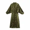 Jurk vrouwen groene tijger print lange shirt vrouw chic button bladerdeeg mouw partij es vrouwelijke casual es 210519