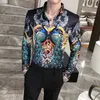Camicie di lusso con stampa corona di pavone per uomo manica lunga slim fit camicia casual discoteca partito streetwear camisas para hombre 210527