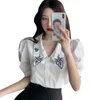 Women's Blouses & Shirts Jlong Sweet Lapel Blouse Patchwork Print Shirt Puff Sleeve Ruffle Tunic Summer Top
