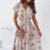 Summer Women Beach Dress Midi es Sexy scollo a V Bottone Manica corta Party Vintage White Vacation Fashion Print Y2K 210730