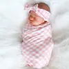 Noworodek Baby Swiaddle Koc z Bowknot Headbands Girls Infant Pink Siatka Plaid Swaddling Wrap 2 sztuk Zestaw Fotografia Rekwizyty BHB35