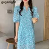 Femmes douces robe longue florale à manches courtes bouffantes mode dame robe moulante tout match dropship vestidos vintage 210601