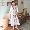 YOSIMI Floral Embroidery Long Women Dress Summer Vintage White Cotton V-neck Mid-calf Flare Sleeve Loose Indie Folk 210604