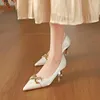 Dress Shoes Brand Women Heels High Quality Silk Pointed Toe Gold Chian Buckle Slip On Thin Heel Wedding Female Sexy