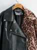 Jaquetas femininas soltas mulheres macias jaqueta de couro falso leopardo patchwork manga longa pu zipper motociclista senhora casaco básico outerwear