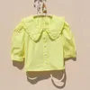 幼児ガールパフスリーブ上夏の10代の少女ボタン黄色いブラウスファッション子供のターンダウンカラーショートシャツ210622