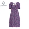 Violet imprimé fleuri élégant femmes robe d'été dos nu à lacets à manches courtes Vintage Sexy mince Rok fête plage Vestidos 210417