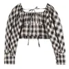 [EAM] Women Black Plaid Bandage Short Blouse Square Collar Long Sleeve Loose Fit Shirt Fashion Spring Autumn 1DD6817 21512