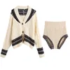 Women Total Knit Suits Retro Contrast Color Twist Oversized Cardigan Vintage Package Hips High-cut Mini Shorts 2 pieces 1 Set 210429