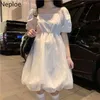 Neploe White Gauze Dress Women Lolita Puff Sleeve Kawaii Gullig Hög midja Klänningar Mode Koreanska Streetwear Slim Vestidos 210422