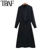 Women Chic Fashion With Drawstring Pleated Midi Shirt Dress Vintage Long Sleeve Button-up Female Dresses Mujer 210507