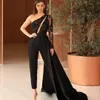 Elegante zwarte jumpsuit prom jurken een schouder vrouwen kanten kralen formele avondjurken met afneembare rok Vestido de novia