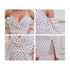 Frauen Casual Polka Dot Slim A-Linie Kleid Frauen Elegante Laterne Ärmel Off Schulter Langes Kleid Sexy V-ausschnitt Party abendkleid 210518