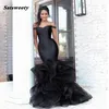 Elegante zwarte zeemeermin lange prom jurken ruches organza off the shoulder sexy afstuderen jurk plus size feestjurken