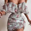 Летние женщины цветочные с плеча сексуальное bodycon r ruchling мини платье 210415