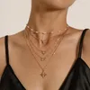 Pendant Necklaces Fashion Imitation Pearl Choker Necklace Cute Double Layer Chain Clavicalis Flower Cross For Women Jewelry Girl Gift