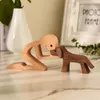 Wooden Cat Figurines Dog Art Craft Small Carving Samll Animal Ornament Woman Man And Puppy Office Decoration Couple Gift 210804