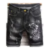 Män kinesisk stil broderi drake shorts jeans smal knä längd personlighet mode frayed svart stretch bomull denim shorts h121705474