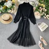 Sweater Knitted Dress Autumn And Winter Women's Belt Over The Knee Long Sleeves Two Lace Base 210427