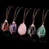 Damen-Anhänger „Baum des Lebens“-Halskette, Naturstein-Anhänger, goldfarben, Drahtwickel-Edelstein, rosa Quarz, Tigerauge, grüne Aufhängung