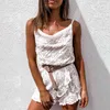 White Lace Tulle Rompers Overalls for Women Summer Beach Sleeveless Strap Ruffle Drapped Neck Playsuits Short Jumpsuit 210415