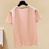 夏のラウンド襟ピンクの服スウィート半袖トップコットンシャツ緩いビーズプリントブラウス女性9639 210415