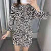 Women Leopard Print Shoulder Pleating Mini Dress Casual Female Three Quarter Sleeve Clothes Lady Slim Vestido D6751 210430