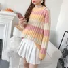 H.SA Pull Femme Nouveaute Färgglada Striped Jumpers Oneck Flare Ärm Rosa Chic Vinter Kläder Kvinnor 210417