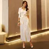 Casual Dresses Office Ladies White Shirts Dress Party Maxi Long Sexy High Split Women Belted Slim Waist Boyfriend Shirt