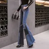 Vintage patchwork flare stretch jeans damer hög midja skinny boot-cut denim byxor mujer mode byxor för kvinnor 210809