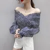 Kadın Bluzlar Gömlek Zarif Kadın Kapalı Omuz Şifon Bluz Moda Katı Renk Pileli Seksi Gömlek 2022 Bayan Ofis Sokak Üstleri Ve