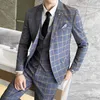 Mäns Spring Suit 3 st Grå Plaid Klänning Formell Mäns Suit Classic Mens Bröllopsklänning Slank Klänning Formell Kostym Män Suite X0909