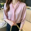 Kadın Bluzlar Kadınlar Için Gömlek Gömlek Pembe Kısa Kollu 2021 Yaz V Yaka Üst Kadın Blusas Katı Yay Şifon Zarif Moda Giyim