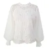 Dames Mesh Sheer Blouse Doorzichtige Lantaarn Lange Mouwen Mode Knop Transparant Wit Overhemd Vrouwelijke Blusas 210719