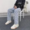 男性のジーンズ若い男性の学生夏のデニムジャカードチェック柄プリントハンサムな緩いカジュアルストレートパンツ