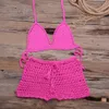 Sexy Crochet Bikini Deux Pièces Ensemble Halter Soutien-Gorge Cravate Top Tricoté Shorts Biquini Summer Beach Maillots De Bain Creux Maillot De Bain Maillot De Bain Y0820