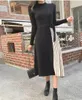 Color-blocked Knitted Women Long Dress Sleeve Stand Collar Pleated Dresses Korean Elegant Fashion Ladies Vestidos 210513