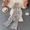 Femme Boho Set Summer Floral Imprimé Chemise en mousseline de soie Costume deux pièces Taille haute Jambe large Pantalon plissé Costumes Tenues 210525